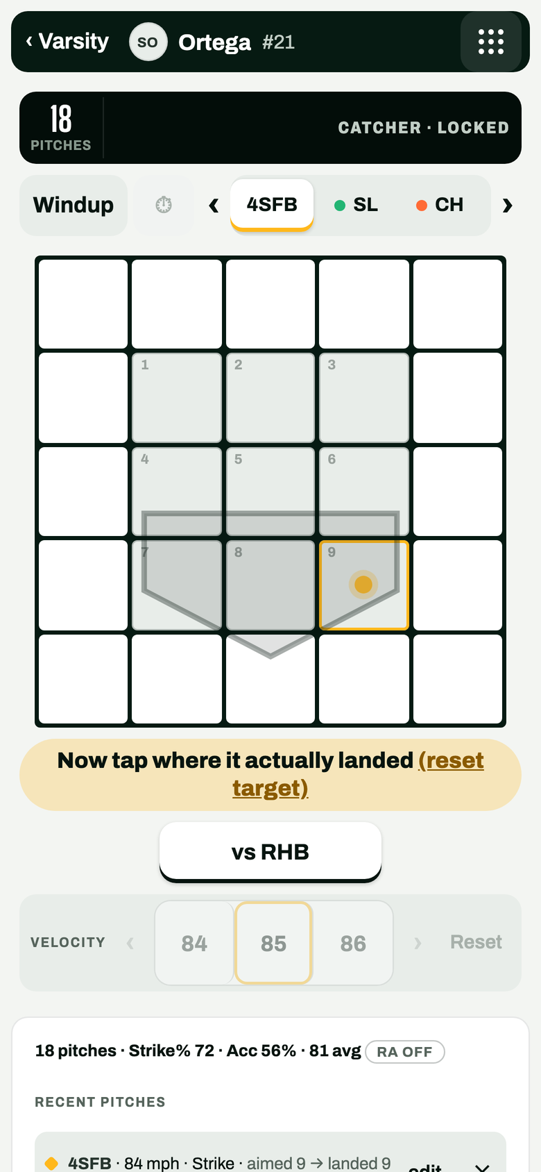 The charting screen: a target set in the low corner of the zone, waiting for where the pitch landed